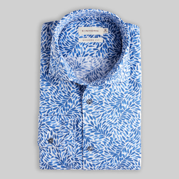Leinenbaumwollhemd mit floralem Print Modern Fit Blau