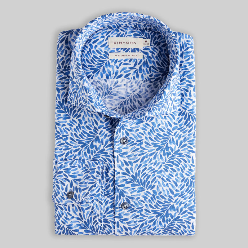 Leinenbaumwollhemd mit floralem Print Modern Fit Hellblau