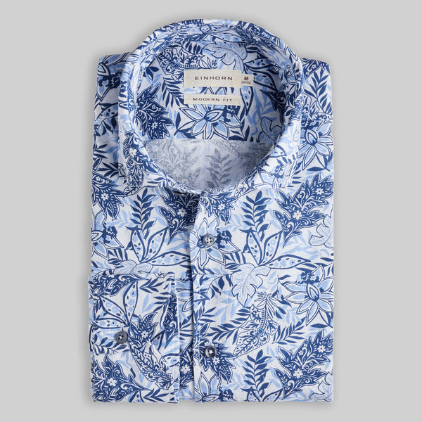 Leinenbaumwollhemd mit floralem Print Modern Fit Blau